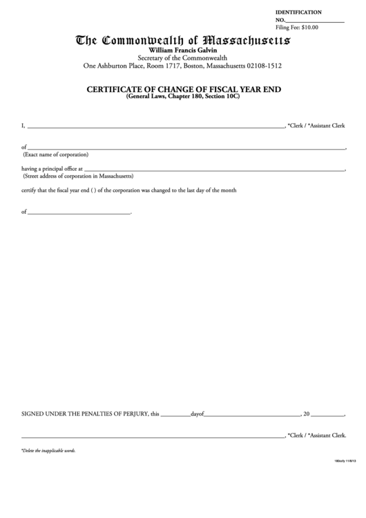 Fillable Certificate Of Change Of Fiscal Year Template - Massachusetts Secretary Of State Printable pdf