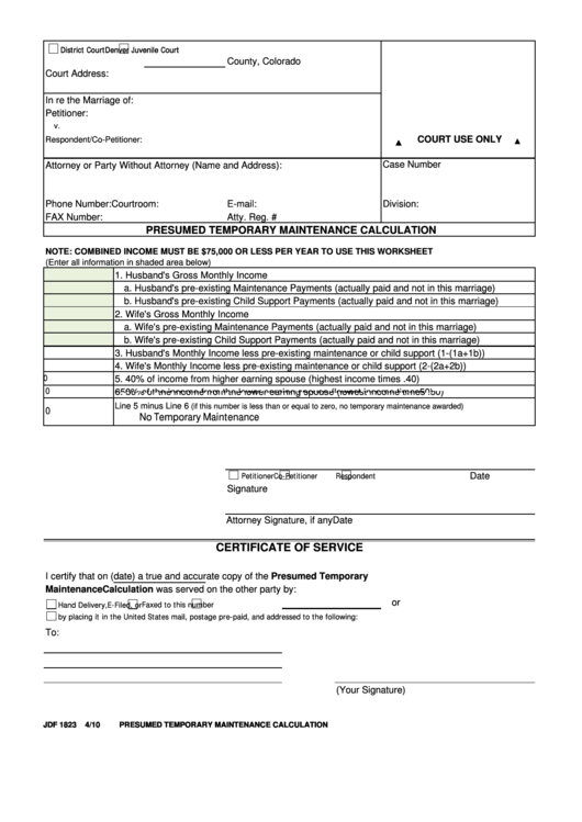 Fillable Colorado Judicial Branch -Presumed Temporary Maintenance Calculation Form Printable pdf