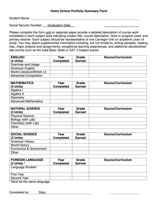 Home School Portfolio Summary Form printable pdf download