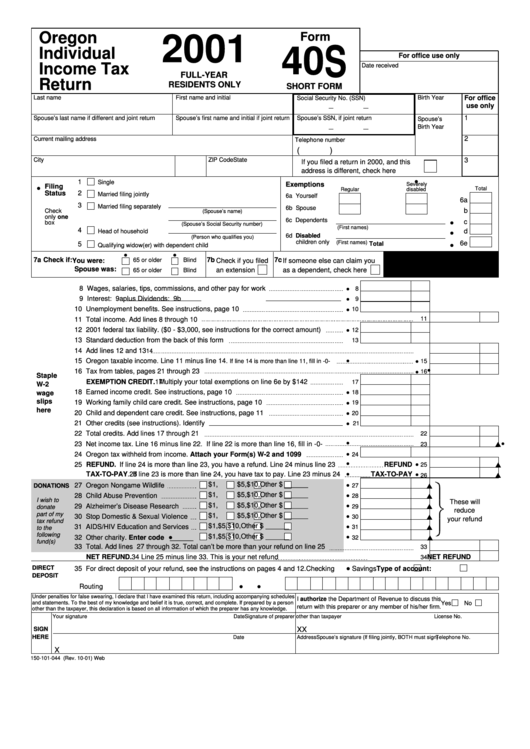 Fillable Form 40s - Oregon Individual Income Tax Return - 2001 Printable pdf