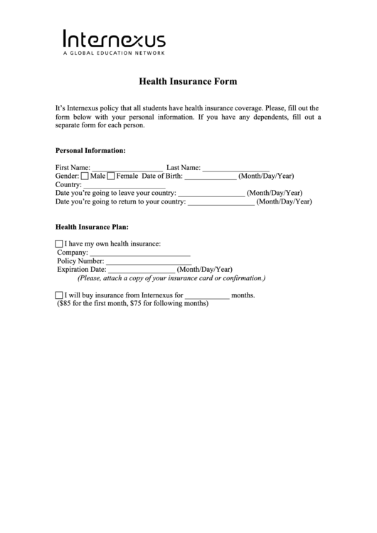 Health Insurance Form - Internexus Printable pdf