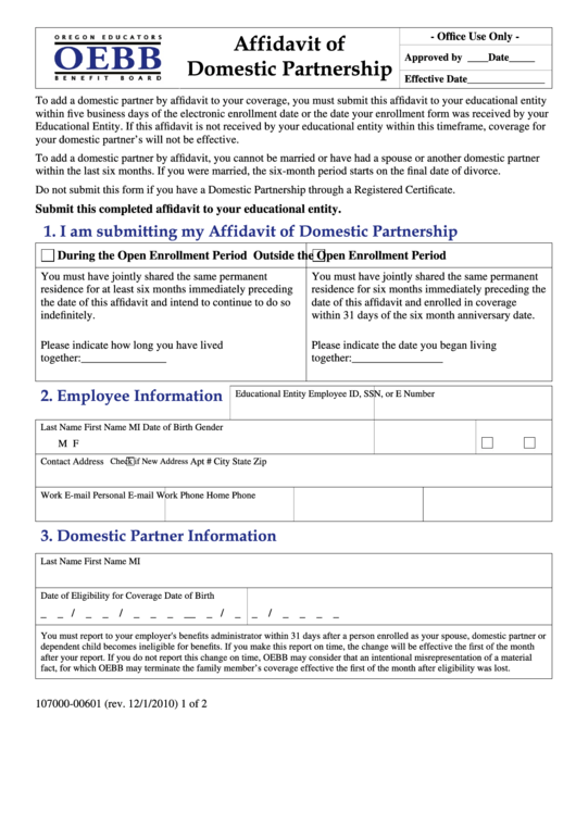 Affidavit Of Domestic Partnership Form