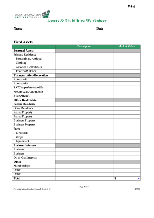 Fillable Assets & Liabilities Worksheet Printable pdf