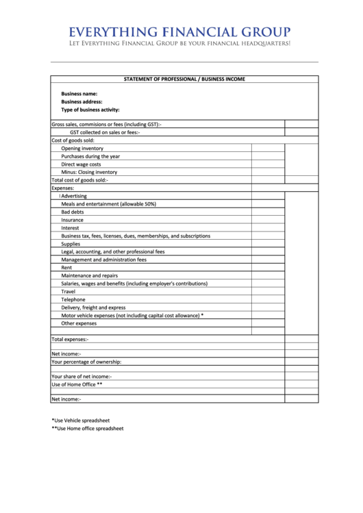 Statement Of Professional/business Income Printable pdf