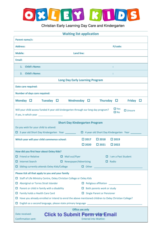 Fillable Waiting List Application Form - Oxley Kids - Australia Printable pdf