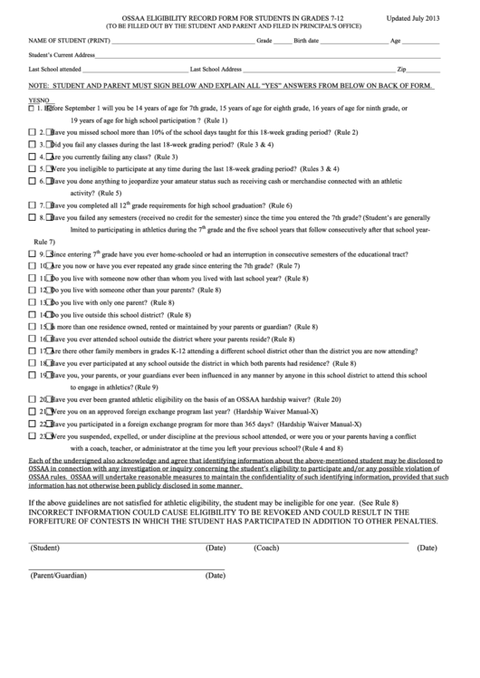 Ossaa Eligibility Record Form For Students In Grades 7-12