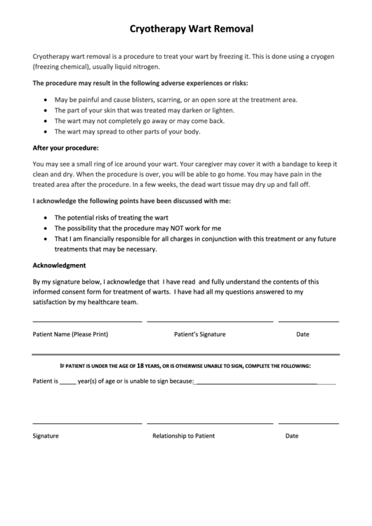 Cryotherapy Wart Removal Acknowledgement Form Printable pdf