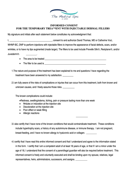 Informed Consent Form For The Temporary Treatment With Injectable Dermal Fillers Printable pdf