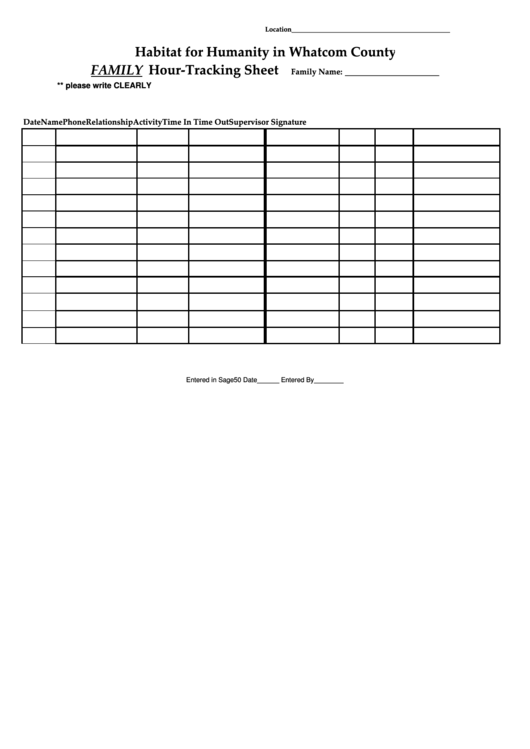 Family Hour-Tracking Sheet - Habitat For Humanity In Whatcom County Printable pdf