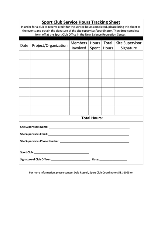 Sport Club Service Hours Tracking Sheet Printable pdf