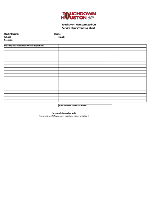 Touchdown Houston Lead On Service Hours Tracking Sheet Printable pdf