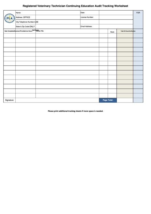 Registered Veterinary Technician Continuing Education Audit Tracking Worksheet Printable pdf