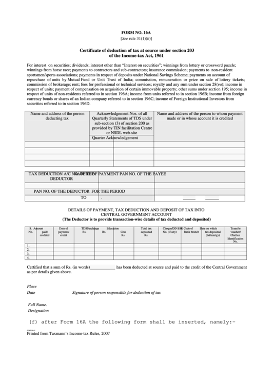 Form No. 16a - Certificate Of Deduction Of Tax At Source Under Section 203 Of The Income-Tax Act, 1961 Printable pdf