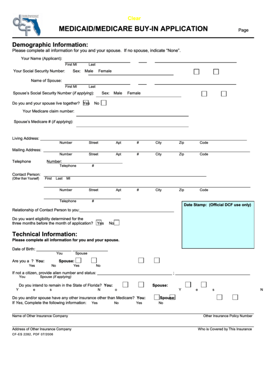Fillable Florida Medicaid/medicare Buy-In Application Form printable pdf download