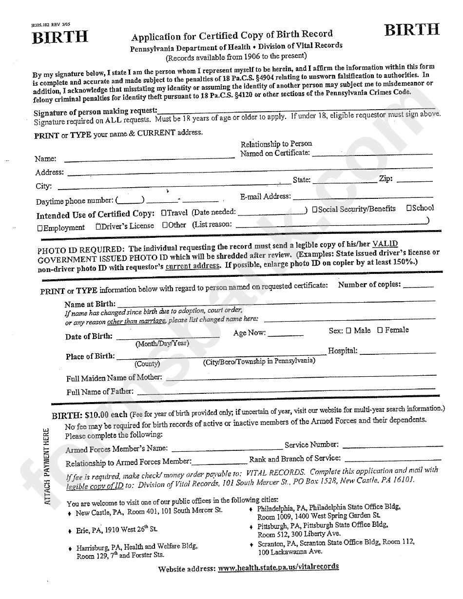 Application For A Certified Copy Of Birth Record - Pennsylvania Department Of Health