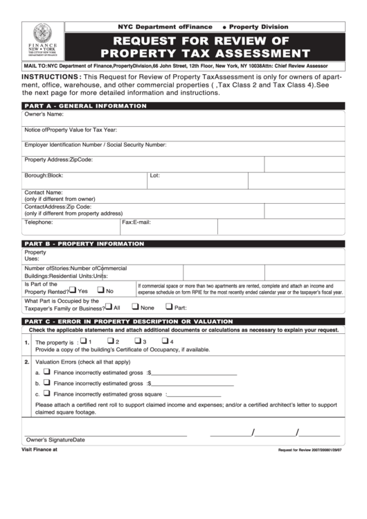Request For Review Of Property Tax Assessment Form Printable pdf