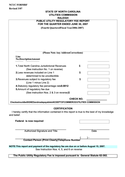 Ncuc Form Rf - Public Utility Regulatory Fee Report For The Quarter Ended Printable pdf