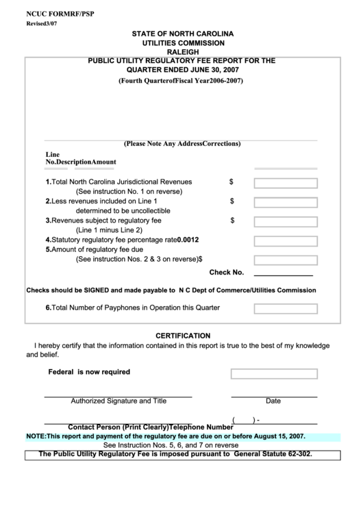 Ncuc Form Rf/psp -Public Utility Regulatory Fee Report For The Quarter Ended Printable pdf