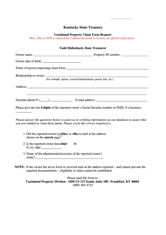 Unclaimed Property Claim Form Request Printable pdf
