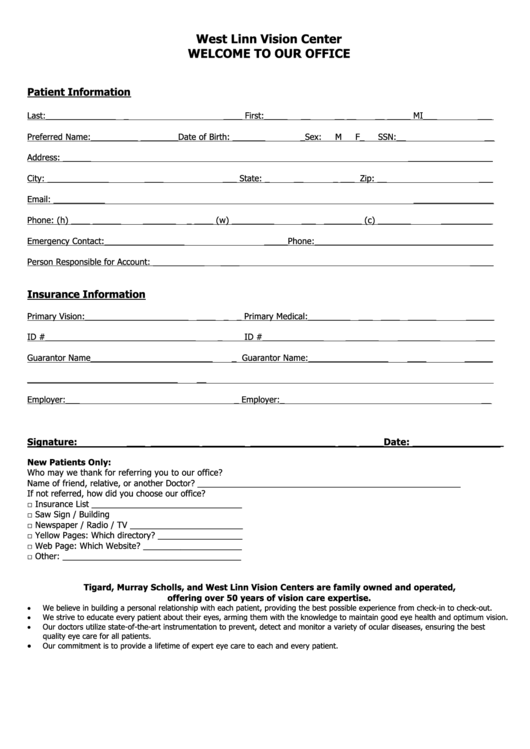 Welcome To Our Office Form - West Linn Vision Center Printable pdf