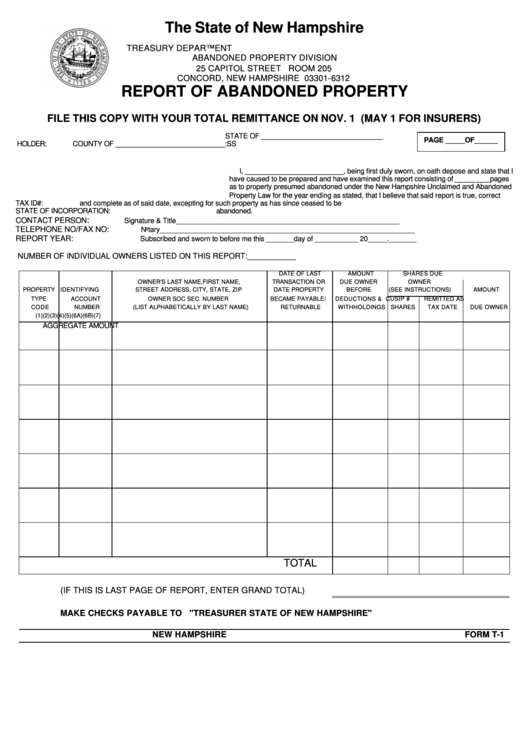 Form T-1 - Report Of Abandoned Property Printable pdf