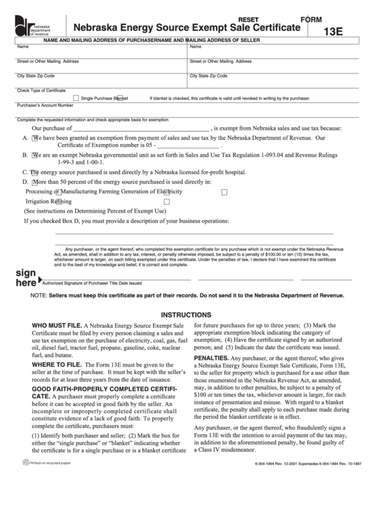 Fillable Form 13e - Nebraska Energy Source Exempt Sale Certificate - 1997 Printable pdf