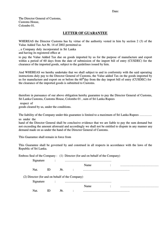 Letter Of Guarantee Sample Printable pdf