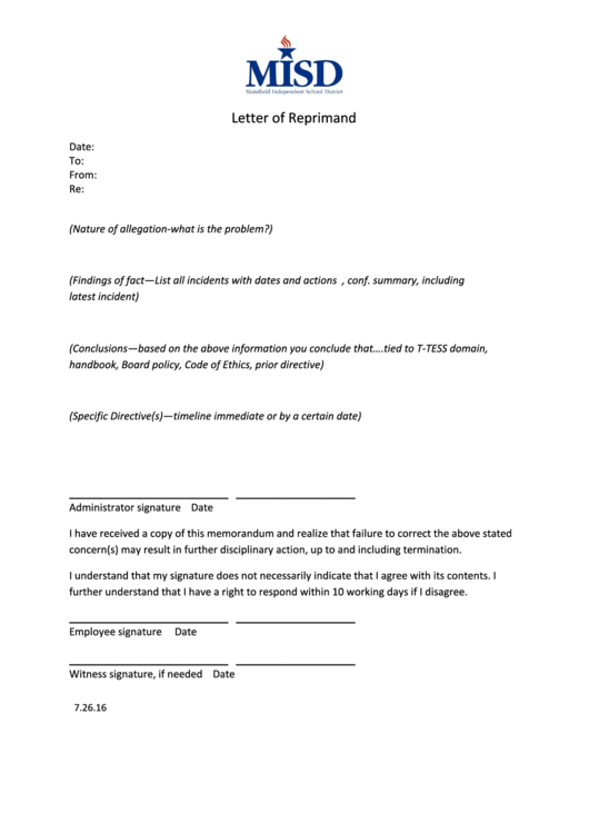 Letter Of Reprimand Sample Printable pdf