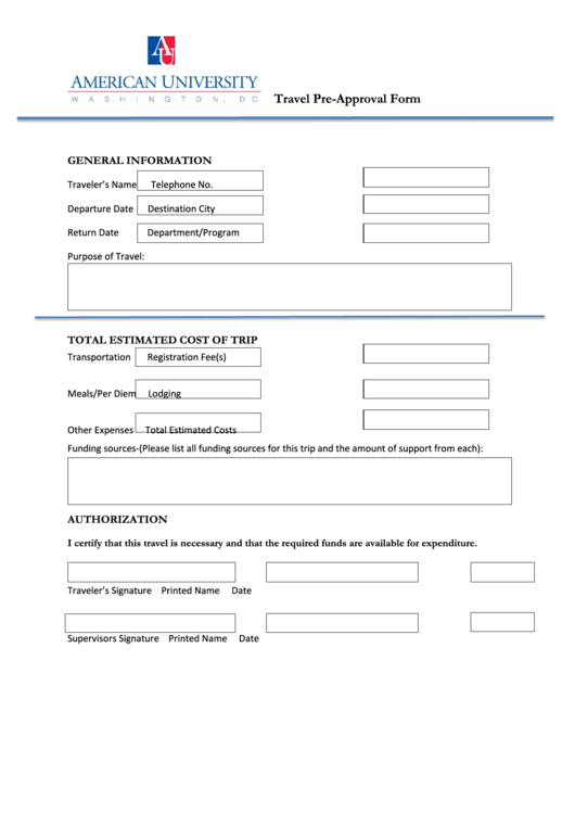 Fillable Travel Pre-Approval Form Printable pdf