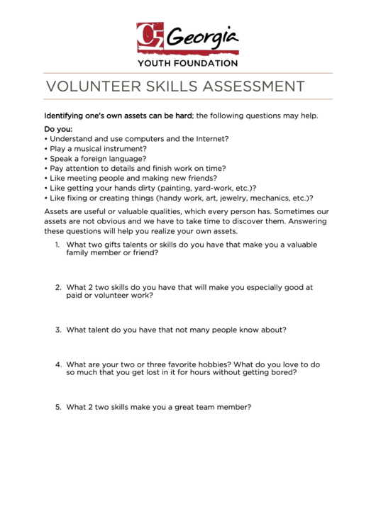 Volunteer Skills Assessment Form Printable pdf