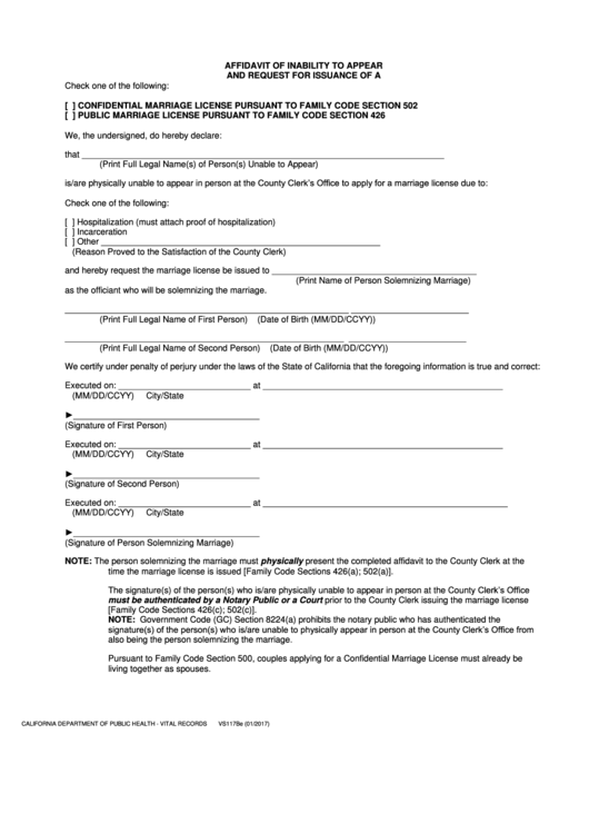 Fillable Affidavit Of Inability To Appear And Request For Issuance Of A Confidential Marriage License Pursuant To Family Code Section 502/public Marriage License Pursuant To Family Code Section 426 Printable pdf