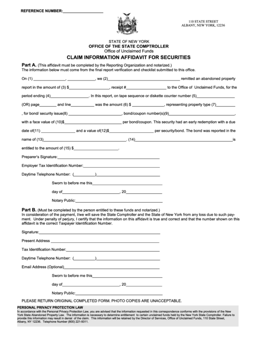 Claim Information Affidavit For Securities Form - Office Of The State Comptroller Printable pdf