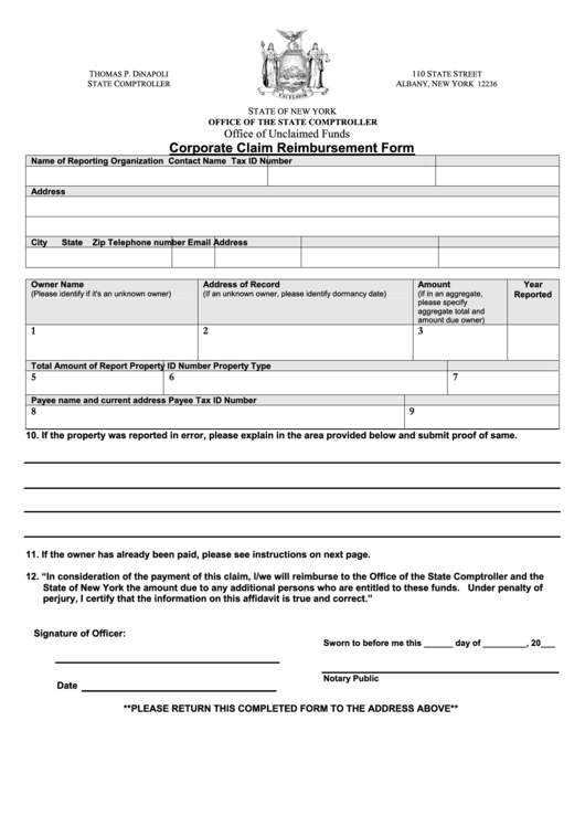Corporate Claim Reimbursement Form Printable pdf