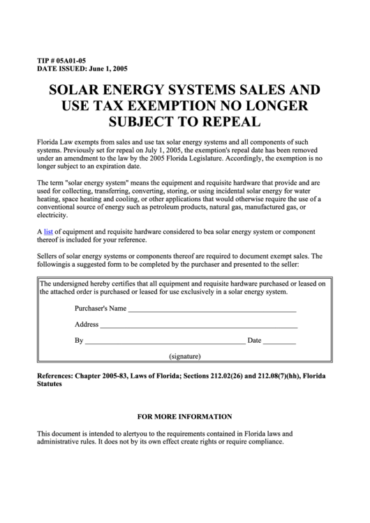 Solar Energy Systems Sales And Use Tax Exemption No Longer Subject To Repeal Form Printable pdf