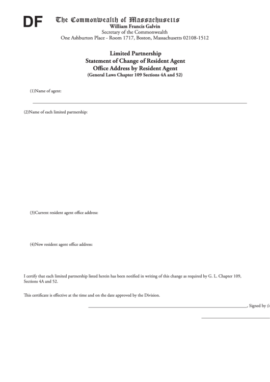 Fillable Form Df - Limited Liability Company Statement Of Change Of Resident Office Address By Resident Agent Printable pdf