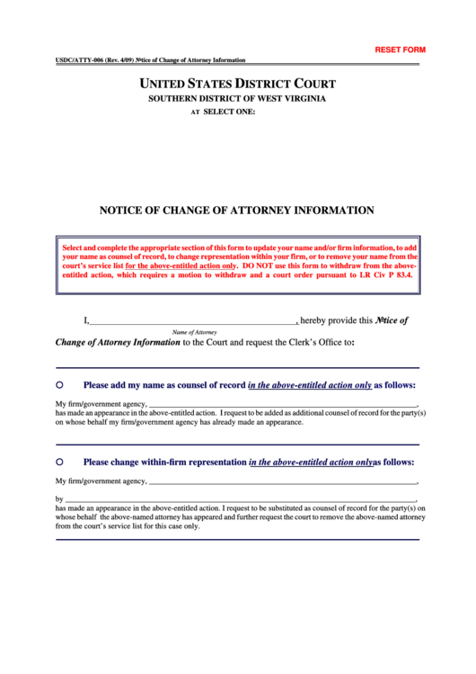 Fillable Notice Of Change Of Attorney Information Form - West Virginia Printable pdf