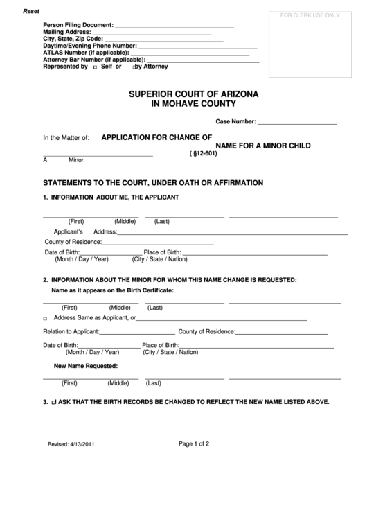 Fillable Application For Change Of Name For A Minor Child Form - Arizona Printable pdf