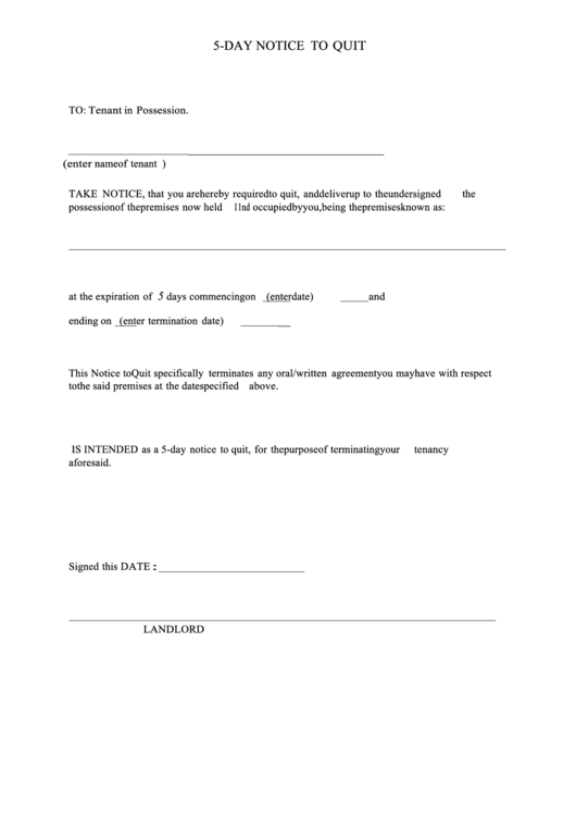 Fillable 5-Day Notice To Quit Form Printable pdf