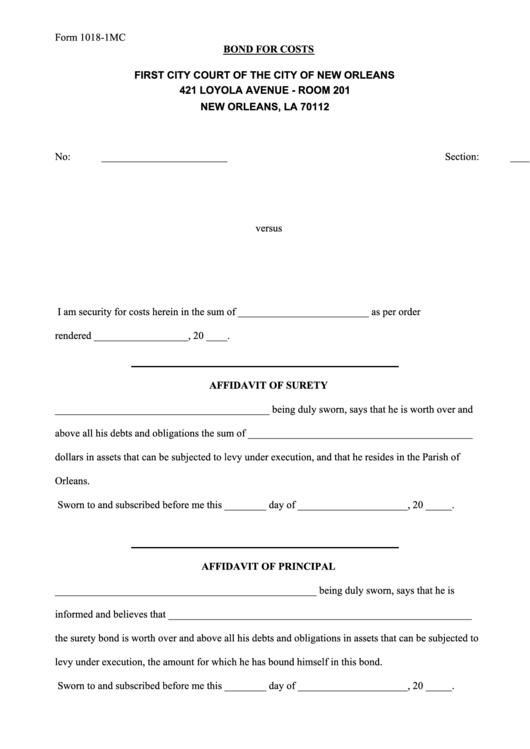 Fillable Form 1018-1mc - Bond For Costs Printable pdf