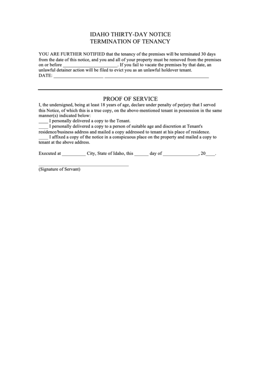 Fillable Thirty-Day Notice Termination Of Tenancy Form - Idaho Printable pdf
