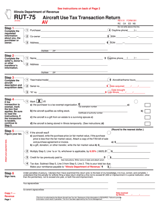 Form Rut-75 Aircraft Use Tax Transaction Return - Illinois Department Of Revenue Printable pdf