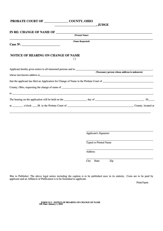 Fillable Notice Of Hearing On Change Of Name - Ohio Probate Court Printable pdf