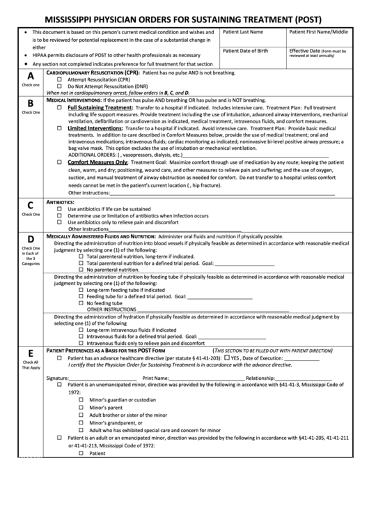 Mississippi Physician Orders For Sustaining Treatment (Post) Form Printable pdf