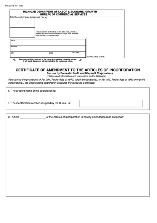Fillable Form Bsc/cd-515 - Certificate Of Amendment To The Articles Of Incorporation Printable pdf