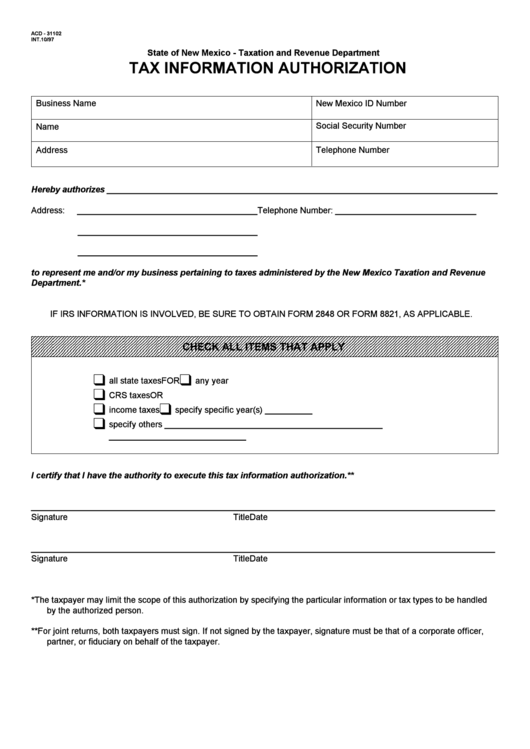 Fillable Tax Information Authorization Form - New Mexico Printable pdf