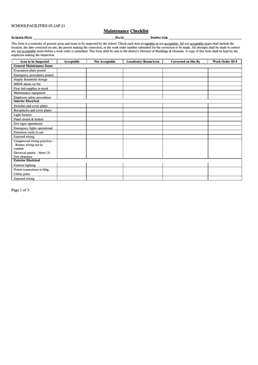 Maintenance Checklist Template Printable pdf