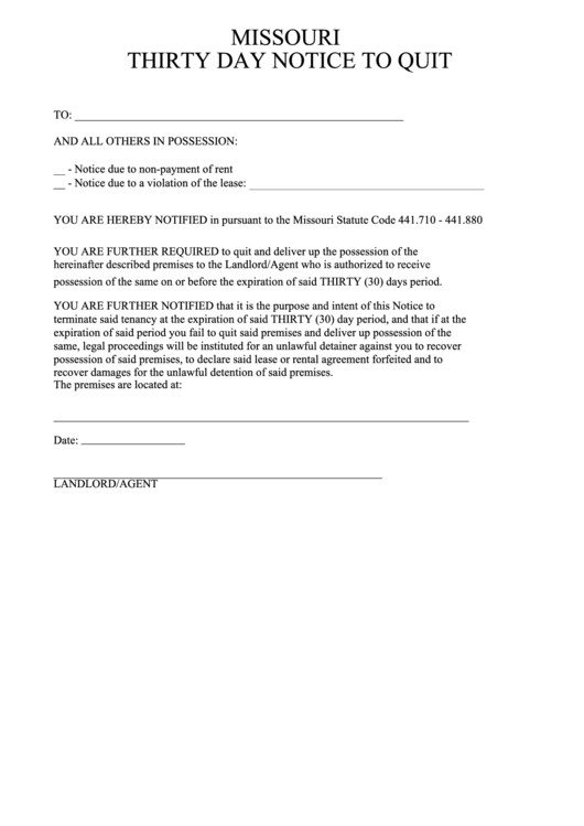 Fillable Missouri Thirty Day Notice To Quit Form Printable pdf