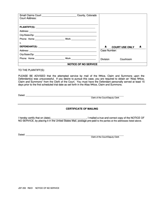 Fillable Notice Of No Service Form - Colorado Printable pdf