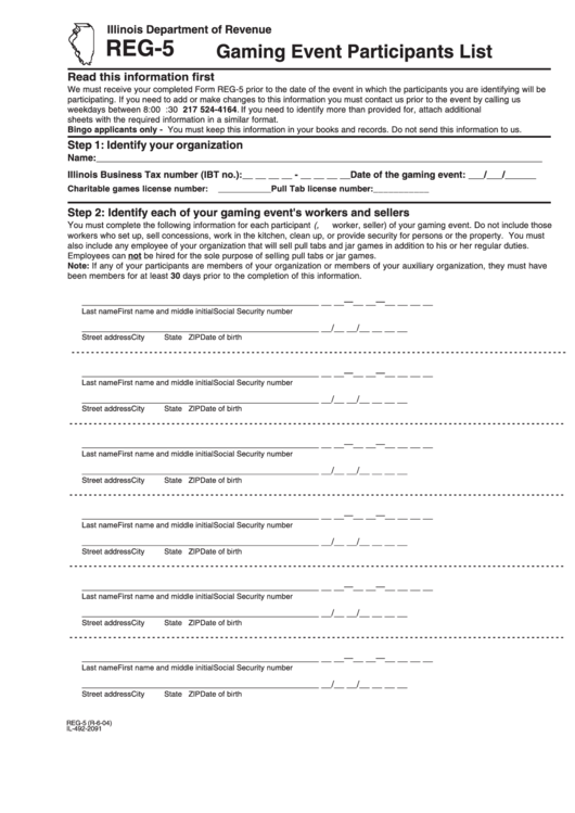 Form Reg-5 Gaming Event Participants List - Illinois Department Of Revenue Printable pdf