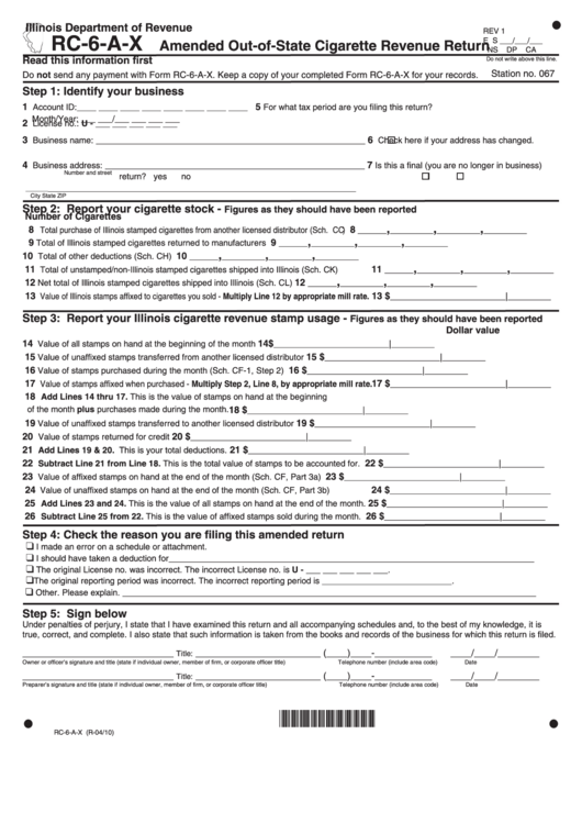 Form Rc-6-A-X - Amended Out-Of-State Cigarette Revenue Return Printable pdf